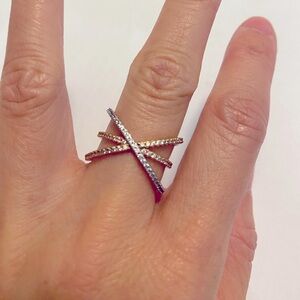 Silver and gold tone X ring w CZ’s, size 5